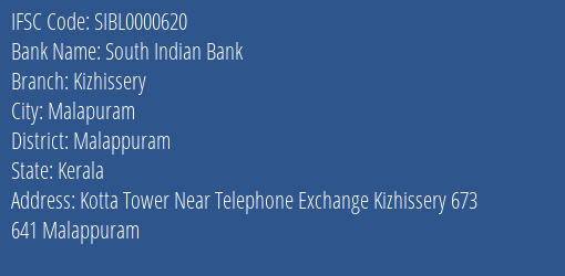 South Indian Bank Kizhissery Branch Malappuram IFSC Code SIBL0000620