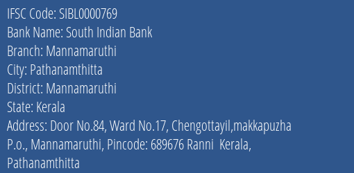 South Indian Bank Mannamaruthi Branch Mannamaruthi IFSC Code SIBL0000769