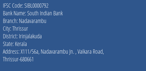 South Indian Bank Nadavarambu Branch Irinjalakuda IFSC Code SIBL0000792
