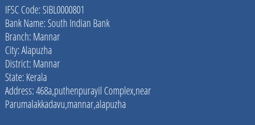 South Indian Bank Mannar Branch, Branch Code 000801 & IFSC Code Sibl0000801