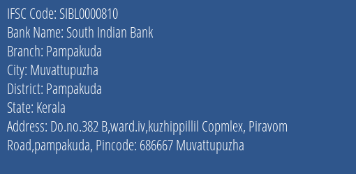 South Indian Bank Pampakuda Branch, Branch Code 000810 & IFSC Code Sibl0000810
