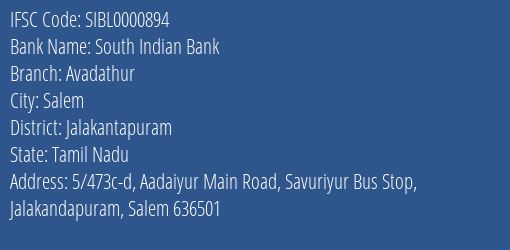 South Indian Bank Savuriyur Branch Salem IFSC Code SIBL0000894