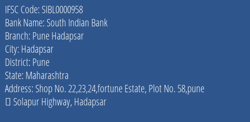 South Indian Bank Pune Hadapsar Branch IFSC Code