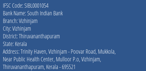 South Indian Bank Vizhinjam Branch Thiruvananthapuram IFSC Code SIBL0001054
