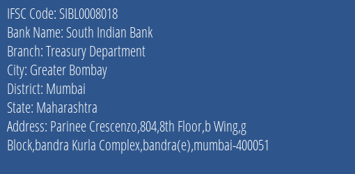 South Indian Bank Treasury Department Branch IFSC Code
