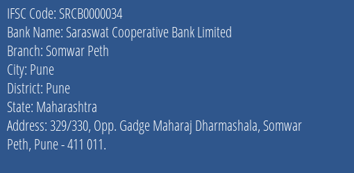 Saraswat Cooperative Bank Limited Somwar Peth Branch, Branch Code 000034 & IFSC Code SRCB0000034