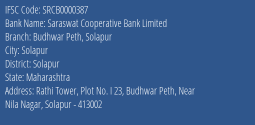 Saraswat Cooperative Bank Limited Budhwar Peth Solapur Branch, Branch Code 000387 & IFSC Code SRCB0000387