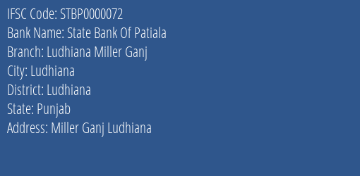 State Bank Of Patiala Ludhiana Miller Ganj Branch Ludhiana IFSC Code STBP0000072