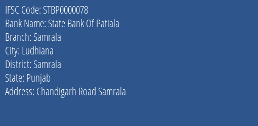 State Bank Of Patiala Samrala Branch Samrala IFSC Code STBP0000078