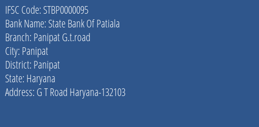 State Bank Of Patiala Panipat G.t.road Branch Panipat IFSC Code STBP0000095