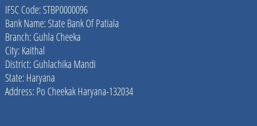 State Bank Of Patiala Guhla Cheeka Branch Guhlachika Mandi IFSC Code STBP0000096