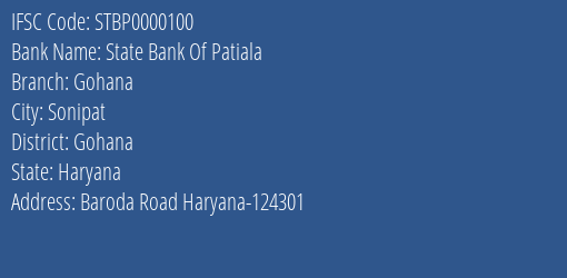 State Bank Of Patiala Gohana Branch Gohana IFSC Code STBP0000100