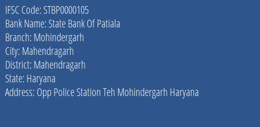 State Bank Of Patiala Mohindergarh Branch Mahendragarh IFSC Code STBP0000105