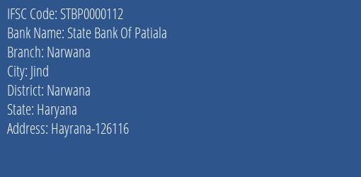 State Bank Of Patiala Narwana Branch Narwana IFSC Code STBP0000112