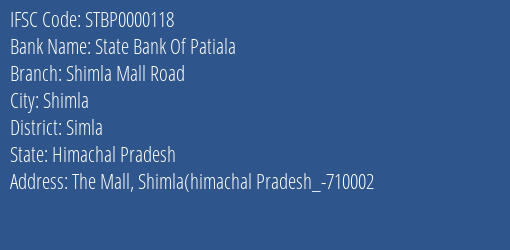 State Bank Of Patiala Shimla Mall Road Branch Simla IFSC Code STBP0000118