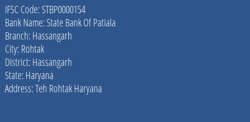 State Bank Of Patiala Hassangarh Branch Hassangarh IFSC Code STBP0000154