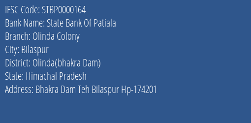 State Bank Of Patiala Olinda Colony Branch Olinda Bhakra Dam IFSC Code STBP0000164