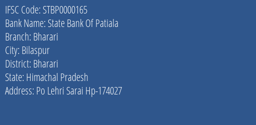 State Bank Of Patiala Bharari Branch Bharari IFSC Code STBP0000165