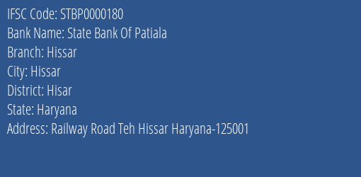State Bank Of Patiala Hissar Branch Hisar IFSC Code STBP0000180