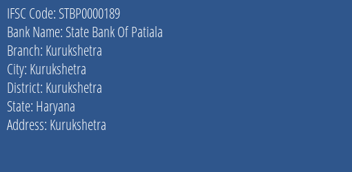State Bank Of Patiala Kurukshetra Branch Kurukshetra IFSC Code STBP0000189