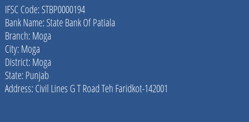State Bank Of Patiala Moga Branch, Branch Code 000194 & IFSC Code STBP0000194