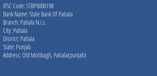 State Bank Of Patiala Patiala N.i.s. Branch, Branch Code 000198 & IFSC Code STBP0000198