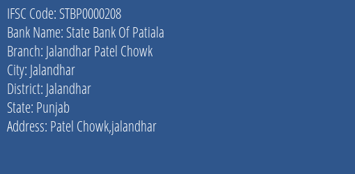 State Bank Of Patiala Jalandhar Patel Chowk Branch Jalandhar IFSC Code STBP0000208