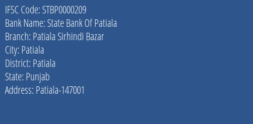 State Bank Of Patiala Patiala Sirhindi Bazar Branch IFSC Code