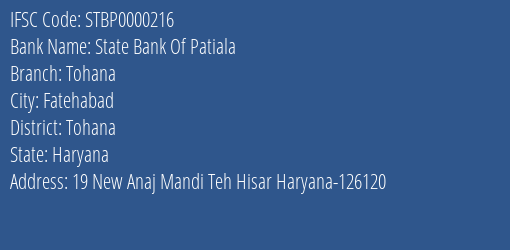 State Bank Of Patiala Tohana Branch Tohana IFSC Code STBP0000216