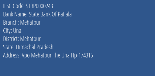 State Bank Of Patiala Mehatpur Branch Mehatpur IFSC Code STBP0000243