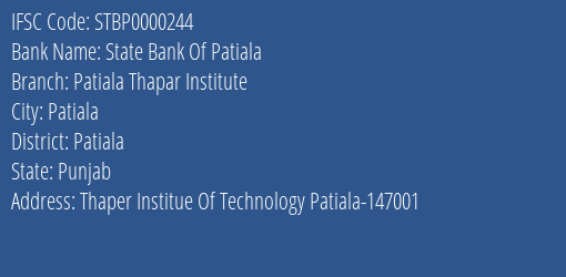 State Bank Of Patiala Patiala Thapar Institute Branch IFSC Code