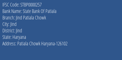 State Bank Of Patiala Jind Patiala Chowk Branch Jind IFSC Code STBP0000257
