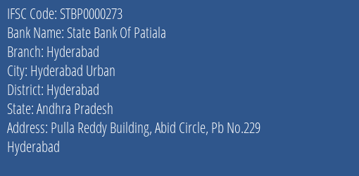 State Bank Of Patiala Hyderabad Branch, Branch Code 000273 & IFSC Code STBP0000273