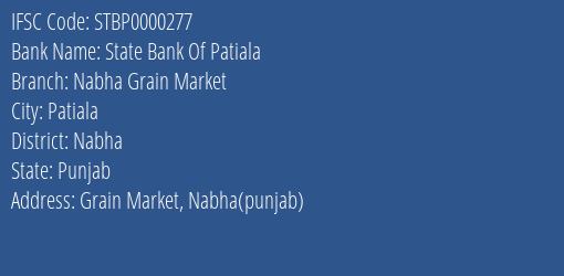 State Bank Of Patiala Nabha Grain Market Branch Nabha IFSC Code STBP0000277