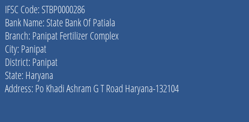 State Bank Of Patiala Panipat Fertilizer Complex Branch Panipat IFSC Code STBP0000286