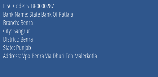 State Bank Of Patiala Benra Branch Benra IFSC Code STBP0000287