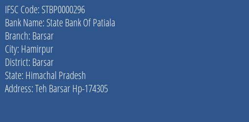 State Bank Of Patiala Barsar Branch Barsar IFSC Code STBP0000296