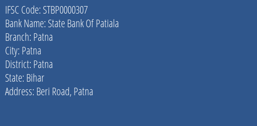 State Bank Of Patiala Patna Branch, Branch Code 000307 & IFSC Code STBP0000307