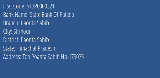 State Bank Of Patiala Paonta Sahib Branch Paonta Sahib IFSC Code STBP0000321
