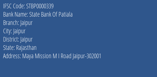 State Bank Of Patiala Jaipur Branch, Branch Code 000339 & IFSC Code STBP0000339