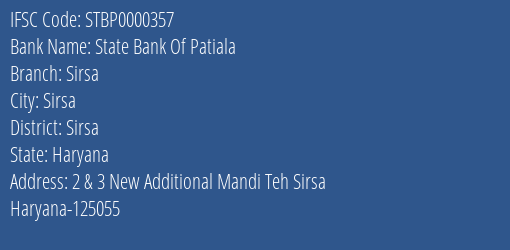 State Bank Of Patiala Sirsa Branch IFSC Code