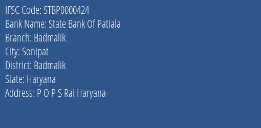 State Bank Of Patiala Badmalik Branch Badmalik IFSC Code STBP0000424