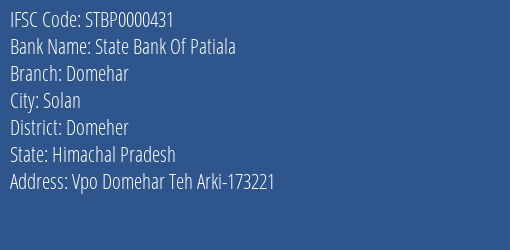 State Bank Of Patiala Domehar Branch Domeher IFSC Code STBP0000431