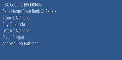 State Bank Of Patiala Nathana Branch Nathana IFSC Code STBP0000433