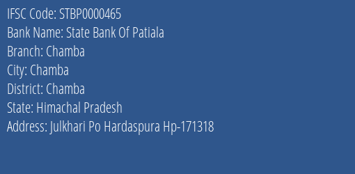 State Bank Of Patiala Chamba Branch Chamba IFSC Code STBP0000465