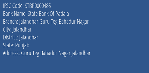 State Bank Of Patiala Jalandhar Guru Teg Bahadur Nagar Branch IFSC Code