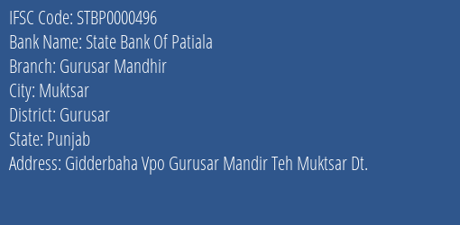 State Bank Of Patiala Gurusar Mandhir Branch Gurusar IFSC Code STBP0000496
