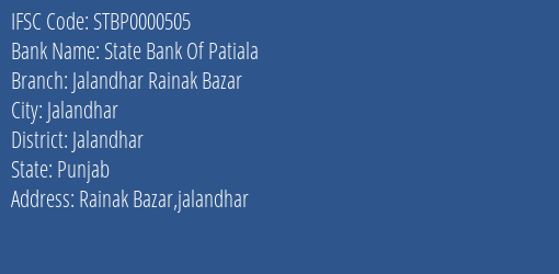 State Bank Of Patiala Jalandhar Rainak Bazar Branch IFSC Code