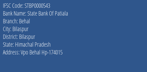 State Bank Of Patiala Behal Branch Bilaspur IFSC Code STBP0000543