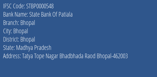 State Bank Of Patiala Bhopal Branch, Branch Code 000548 & IFSC Code STBP0000548